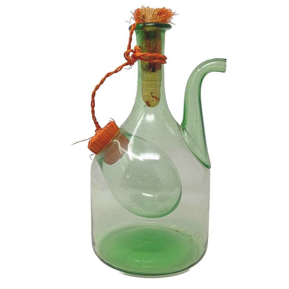 Italian Green Glass Wine Decanter Bottle With Ice Chamber Hand Blown Vintage